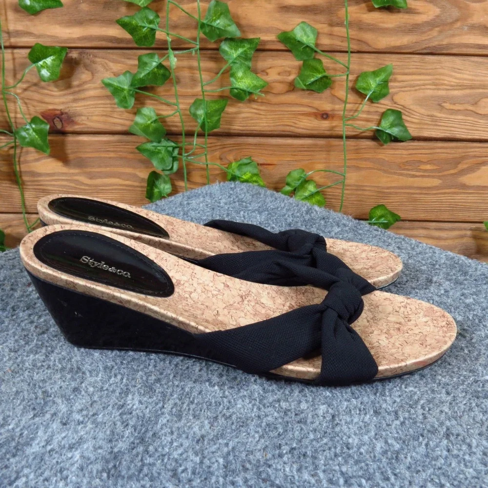 Style & Co Alice Women Wedge Sandals Size 7M Summer Dressy Black Textile Cork